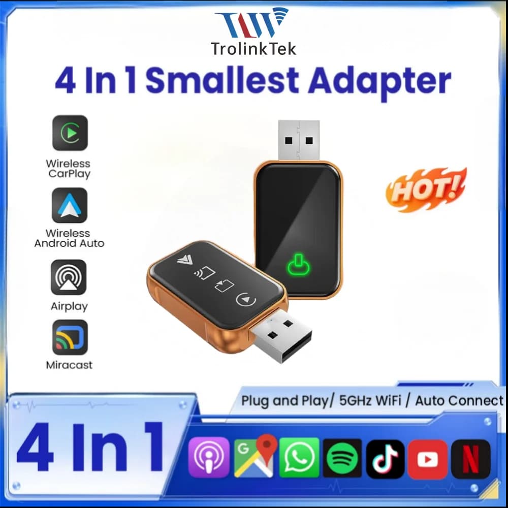 TrolinkTek 4 IN 1 Wireless CarPlay Dongle, Support Wireless Android Auto, AirPlay & MirrorLink, Wired to Wireless USB Adapter Plug and Play, Auto Reconnect Low Latency For Cars with Factory Wired CarPlay