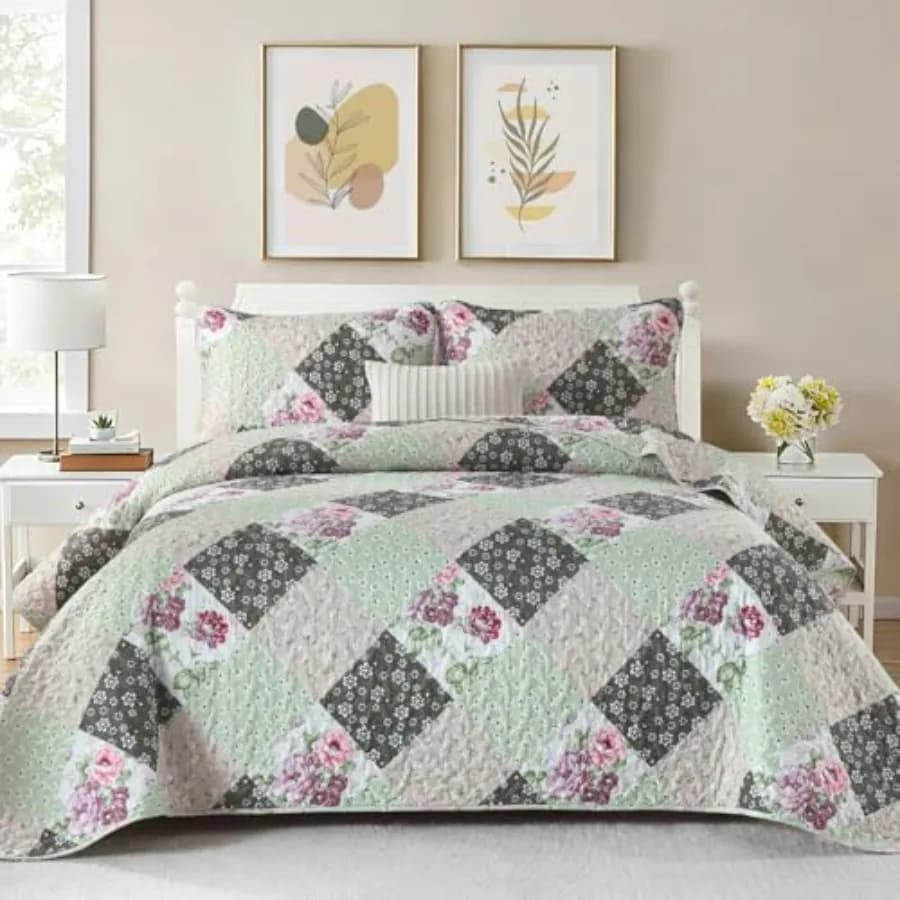 Set Copriletto Reversibile con Motivo Floreale e Plaid, Set Biancheria da Letto in Morbida Microfibra Leggera, Copriletto 3 Pezzi