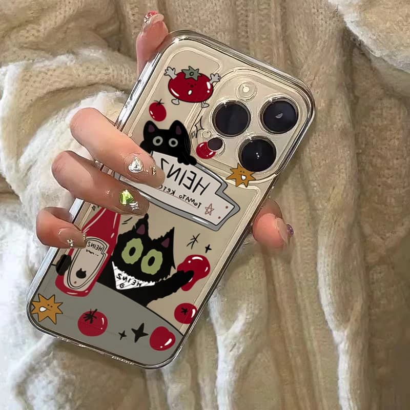 Tomato Sauce Black Cat Soft Phone Case for iPhone 17 16E 16 15 14 13 12 11 Pro Max X XR XS 7 8 Plus SE2 Transparent Soft Cover