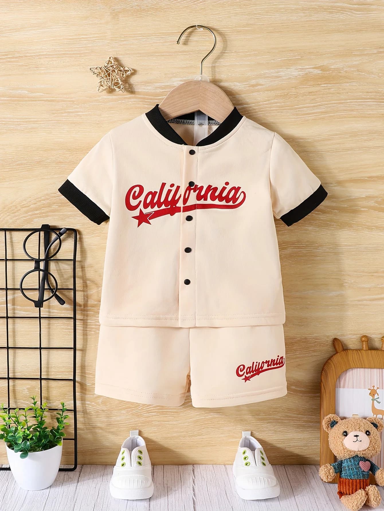 Cardigan da baseball a maniche corte con tendenza estiva da neonato in 2 pezzi + pantaloncini casual Sport all'aria aperta Comodo abito alla moda