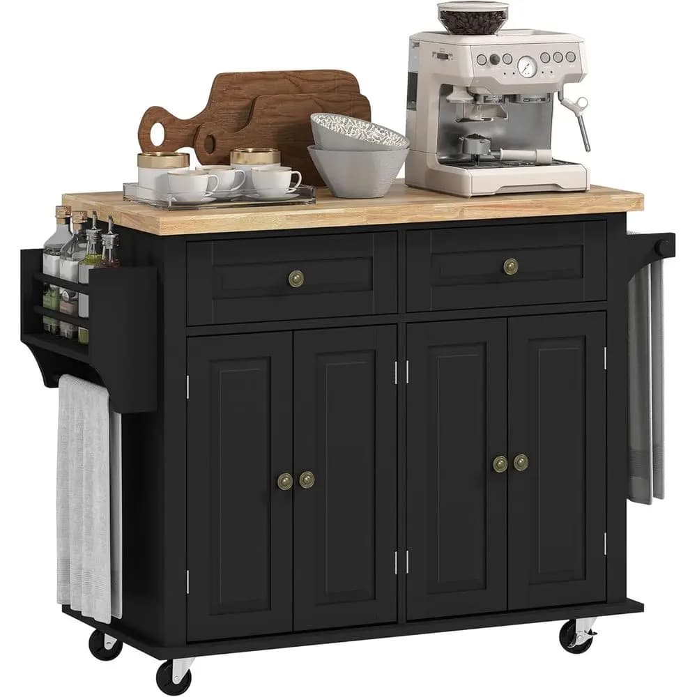 Carrello da Cucina Mobile 44 con Piano in Legno Massello, Armadietto Contenitore, Cassetti, Ripiani Regolabili, Porta Spezie e Porta Asciugamani, Nero