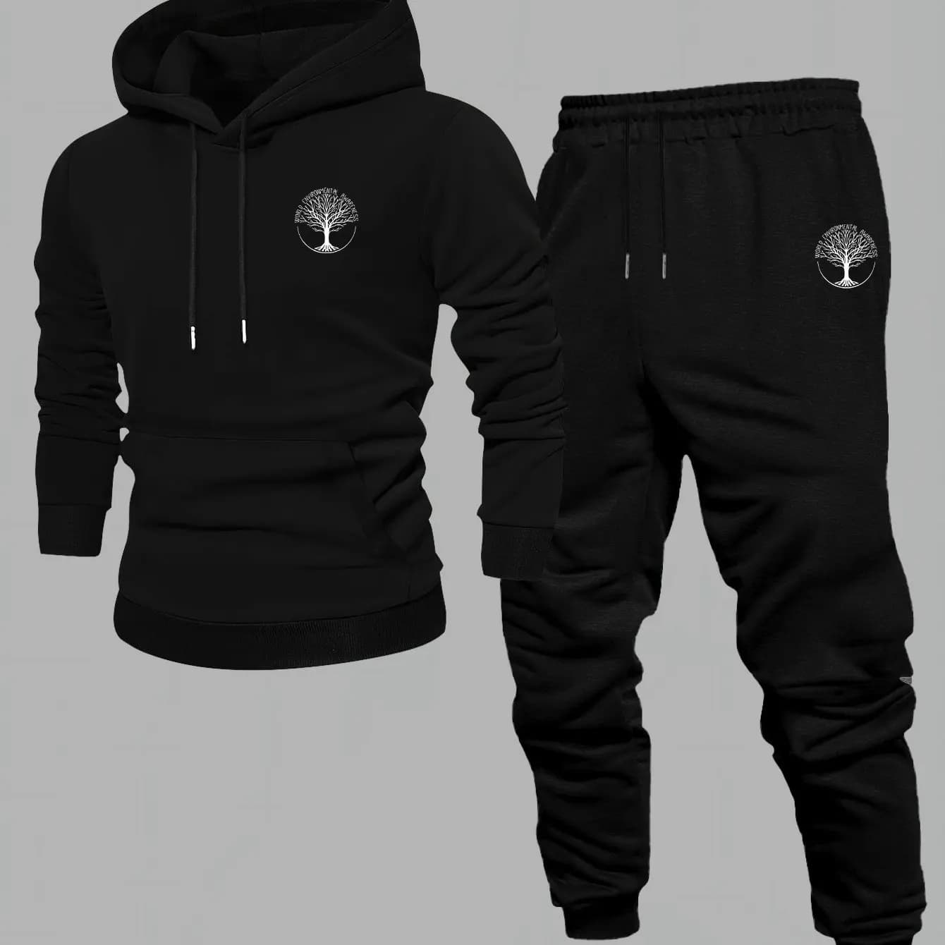 2026 Men Tree Of Life Graphic Print 2‑Piece Tracksuit Polyester Hoodie & Jogger Pants Autumn Winter Casual Street Sportswear