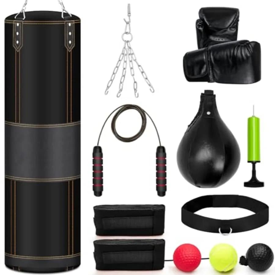 Set Sacco da Boxe Pesante da 120 cm, Sacco da Boxe Vuoto 6 in 1 con Guanti da Boxe, Fasce Protettive, Catena, Gancio da Soffitto per Interni/Giardino