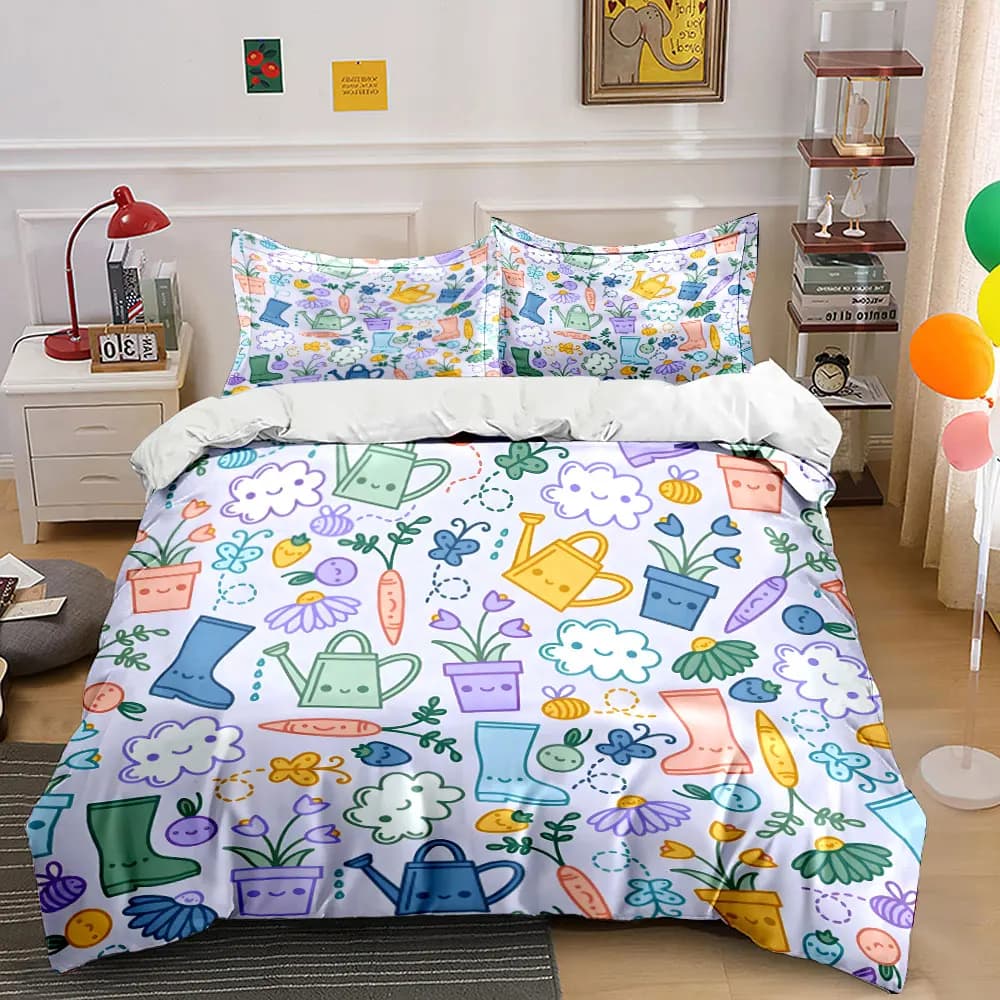 Fun gardening elements hand-drawn pattern Bedding Set 1 Duvet Cover 2 Pillowcases for Adult and Children Luxury Gift Full Size