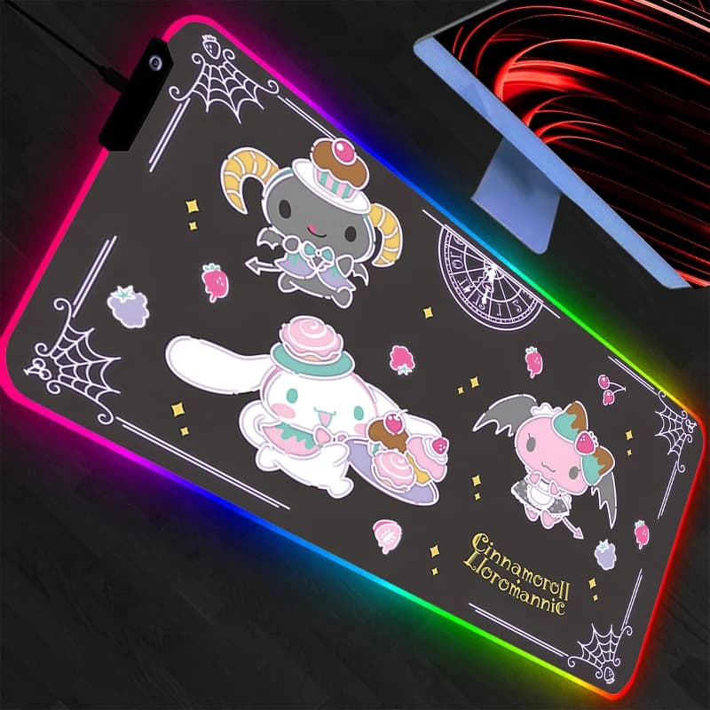 Tappetino per mouse Cinnamoroll RGB per giocatori, grande, con LED, antiscivolo, in gomma, per tastiera, tappetino da scrivania per PC, retroilluminato.