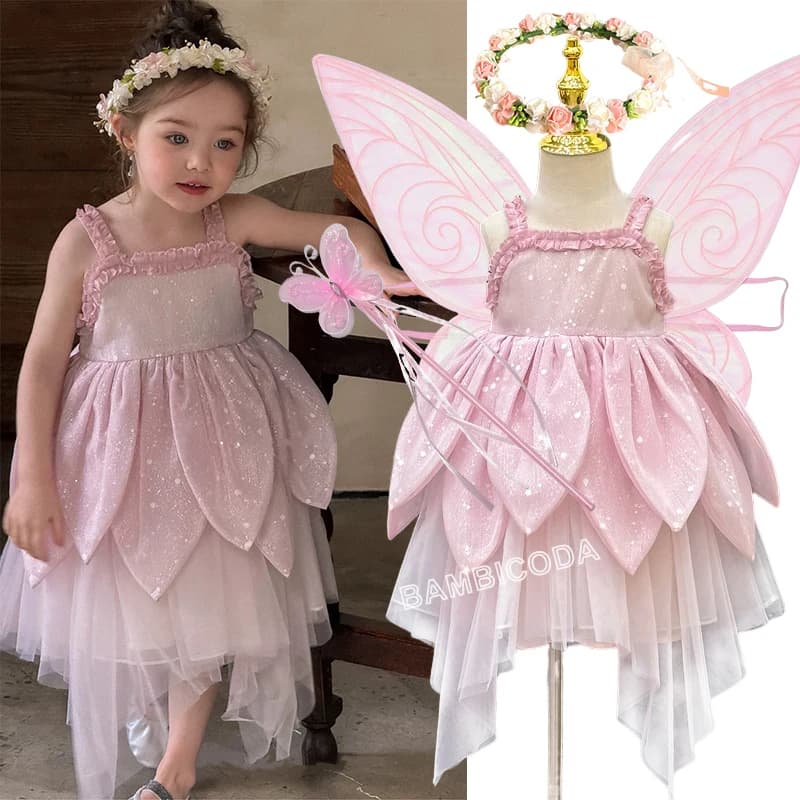 Abito da ragazza fata dei fiori gilet senza maniche tracolla bretella principessa petalo gonna elfi magici abito di Halloween