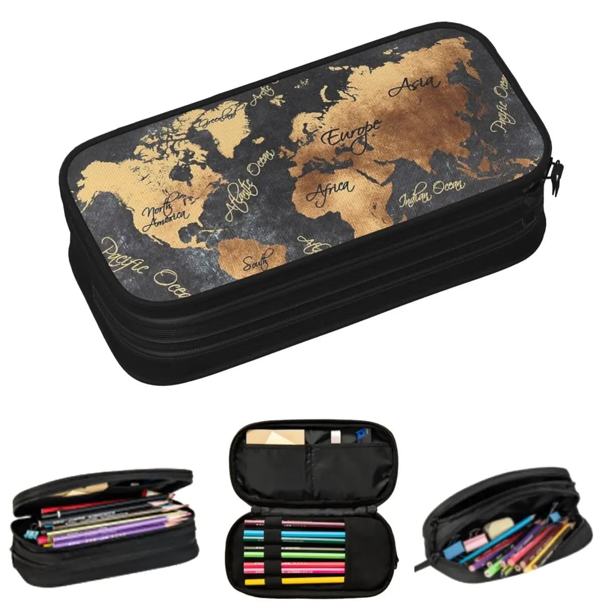 Mappa del mondo 147 Astucci per matite oro nero per scatola per penne scolastiche per studenti Astuccio per matite Astuccio per matite Forniture di cancelleria