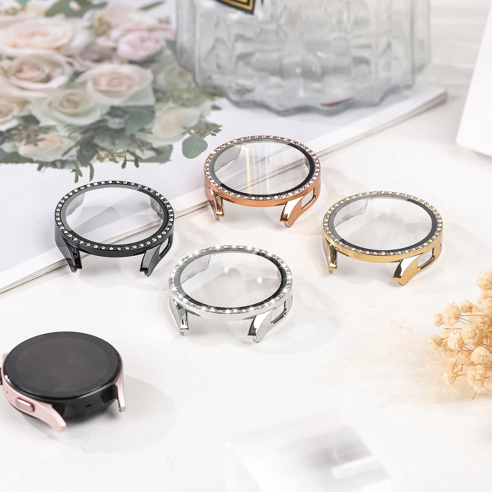 Custodia in vetro e diamante per Samsung Galaxy Watch 7 6 5 4 44mm 40mm Accessori Protezione schermo e paraurti completo Cover per Galaxy Watch7