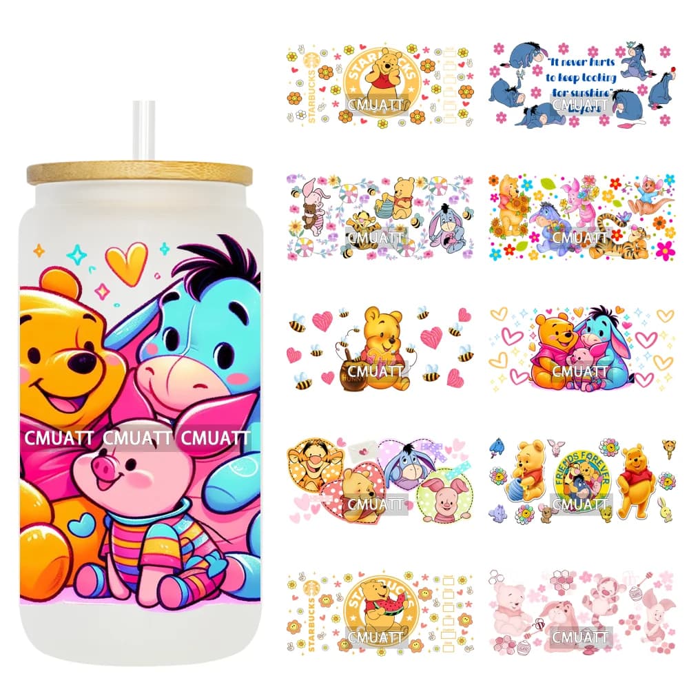 Adesivi per Tazze Cartoon Bear 16oz UV DTF, Etichette per Decorare Tazze, Lattine di Birra, Bottiglie e Articoli per Bere