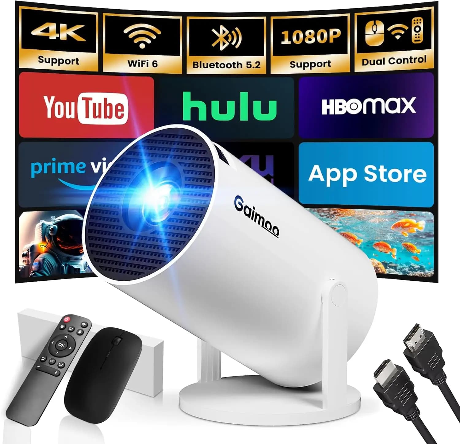 Mini Proiettore Smart WiFi Bluetooth, 4K 1080P FHD, Correzione Automatica Keystone, 180° ° Regolabile, compatibile con HDMI/TV Stick/Laptop