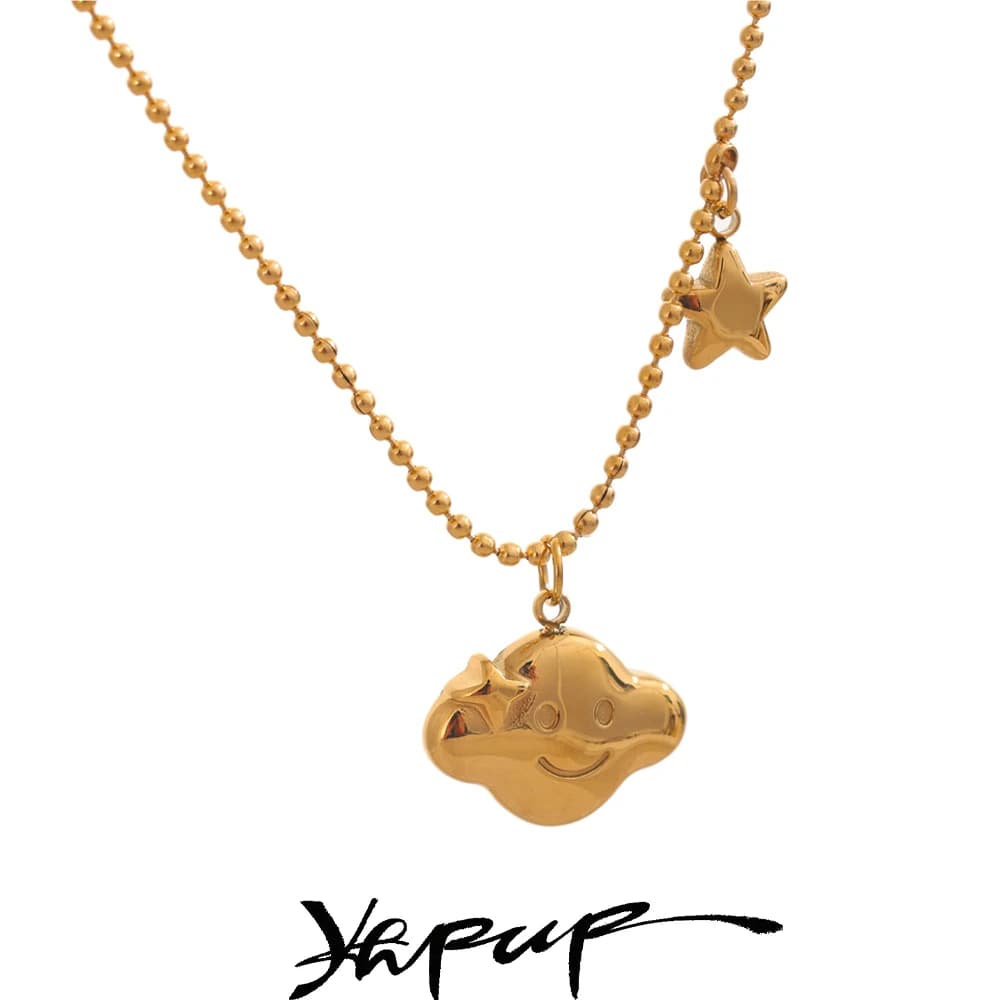 Yhpup Fashion Stainless Steel Cloud Star Pendant Cute Necklace Rust Proof 18K Gold Color Collar Jewelry for Women Chic Gift