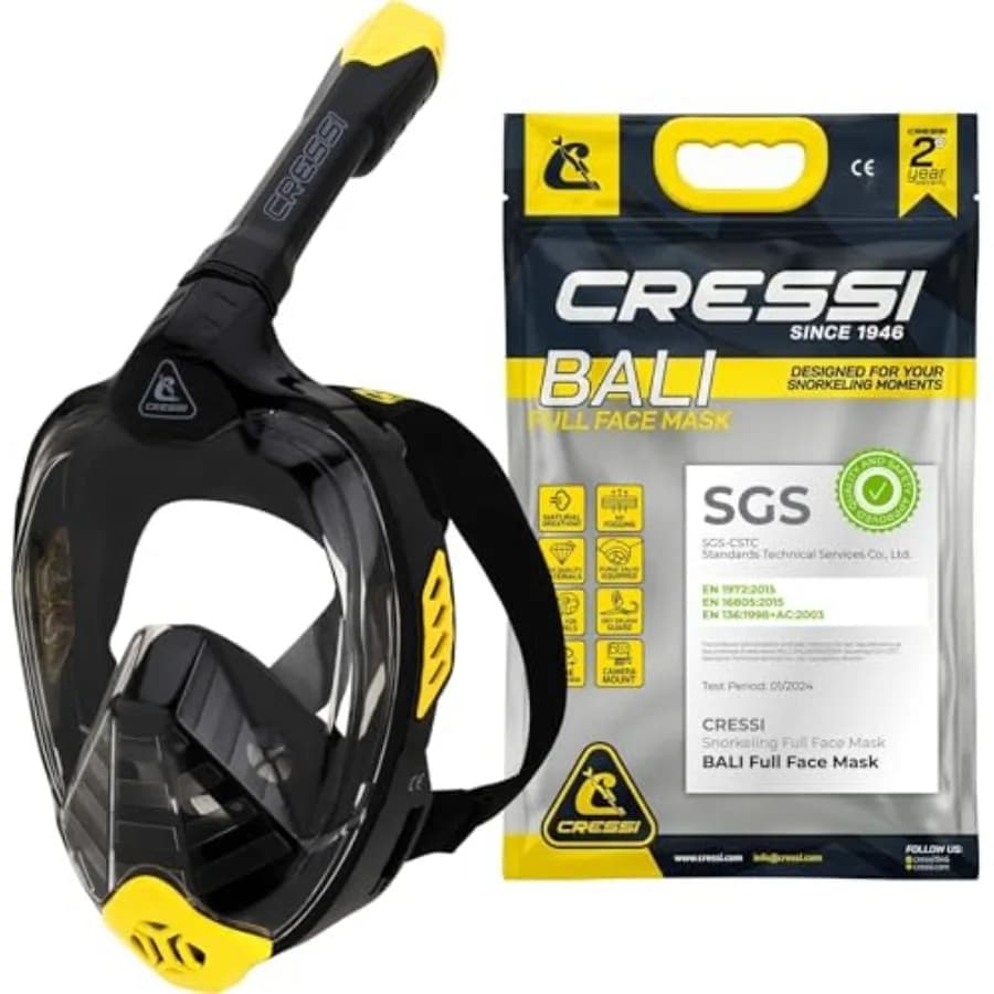 Maschera subacquea integrale per adulti per sport acquatici tropicali, in silicone nero, con ampia visuale e sistema antiappannamento.