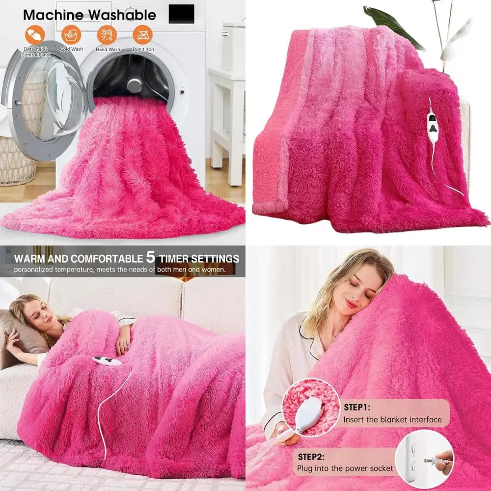 Coperta elettrica Sherpa in pelliccia sintetica, 10 opzioni di calore e 5 timer, riscaldamento rapido, 50x60, rosa rossa