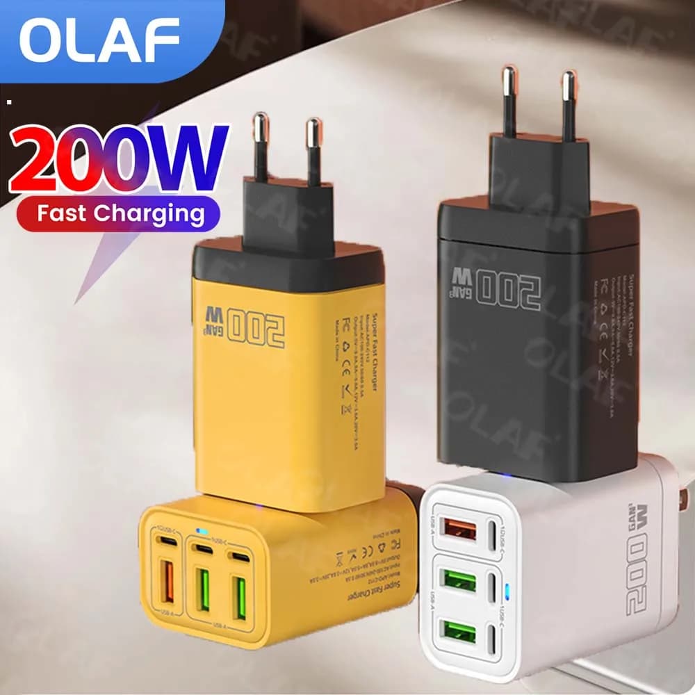 Caricatore USB C a 6 porte Adattatore per caricabatterie PD a ricarica rapida 3.0 da 200 W per iPhone Xiaomi Samsung Caricatore da muro per telefono cellulare