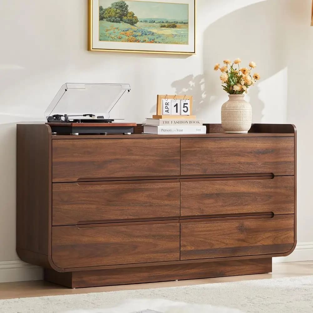 Walnut 6-Drawer Chest with Hidden Handles for Bedroom, Nursery, Living Room