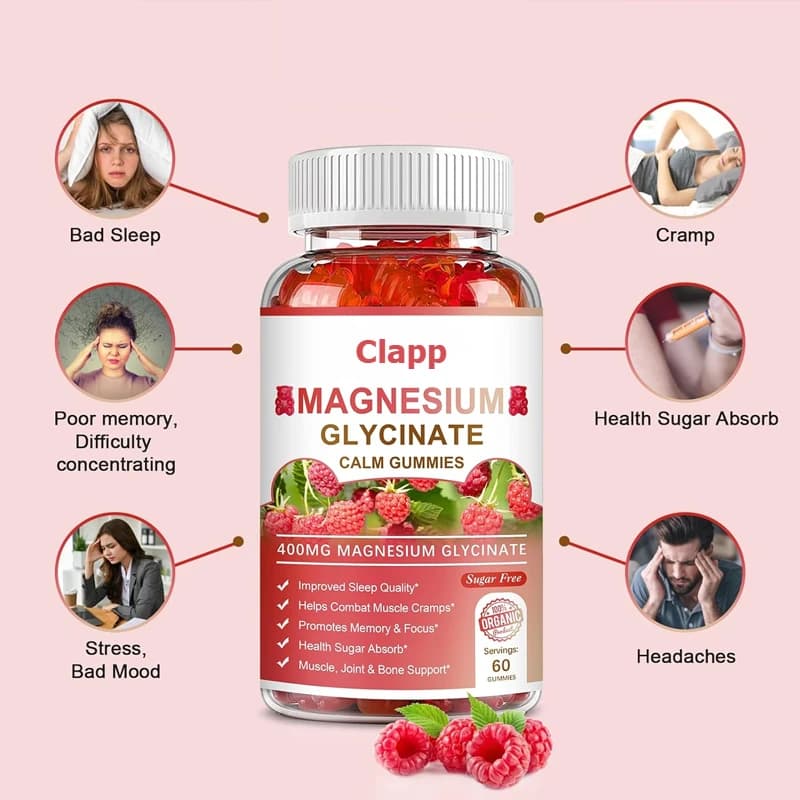 Glycine 400 mg Gommose Magnesium Caramels - Potassium and Potassium Supplement without sugar for adults calm and sleep -60 raspberries