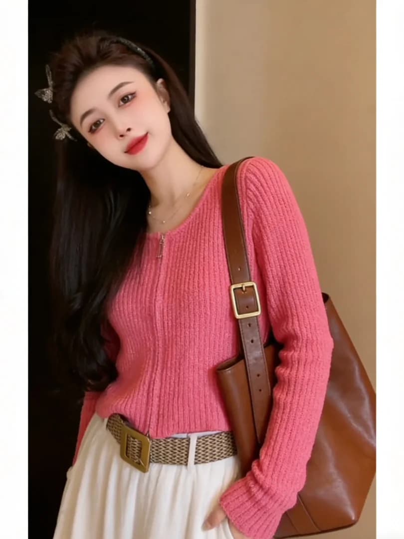 Gorgeous Pink Knitted Open Cardigan Women's Gentle Style Double Zipper round Neck Sweater Outerwear Soft Pastel Color Design