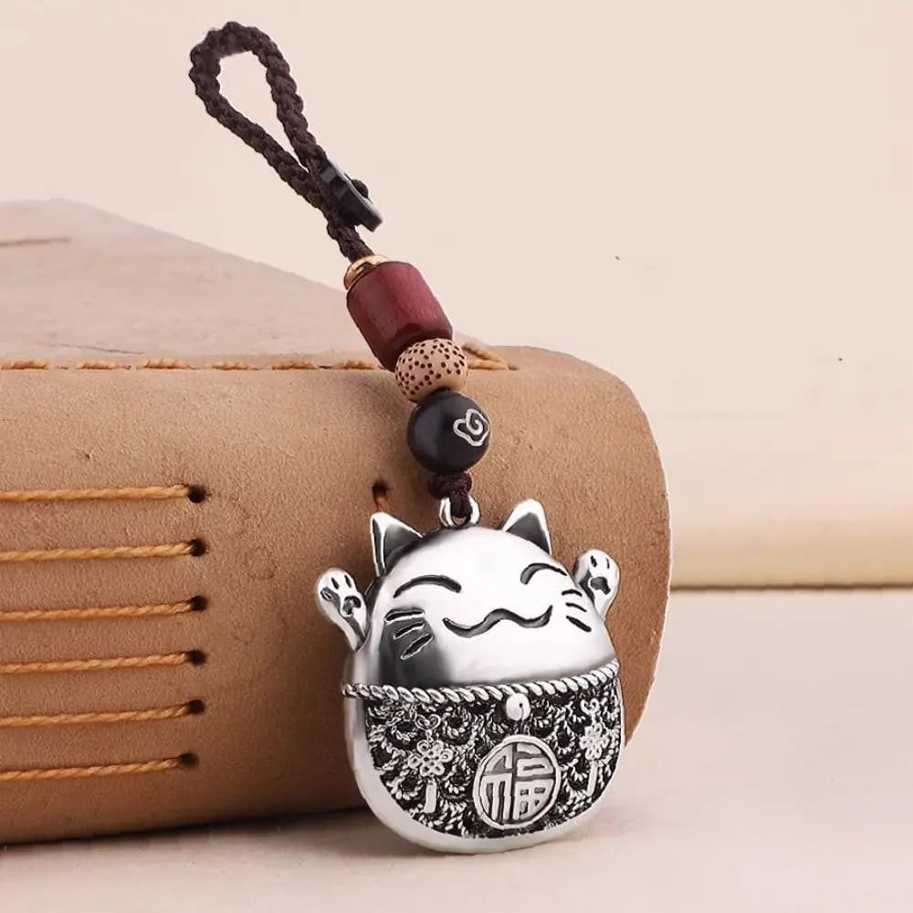New Lucky Cat Key Rings Braided Rope Silver Car Ornament Copper Keychain