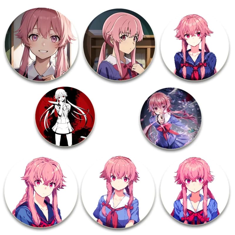 Mirai Nikki HD Stampa Spilla Anime Distintivo Figura di cartone animato Gasai Yuno Amano Yukiteru Display rotondo Spille Spille Gioielli