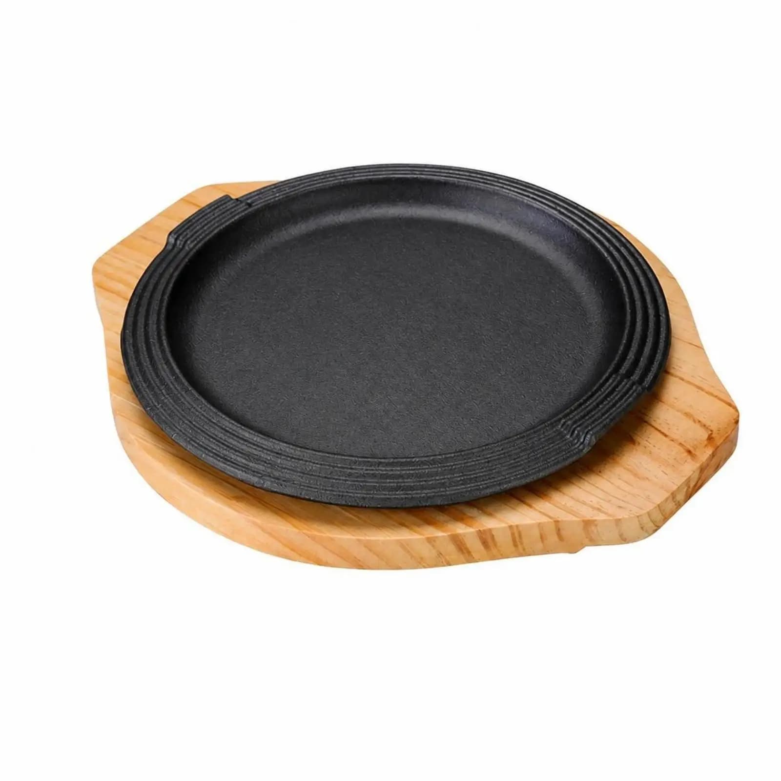 Cast Iron Plate with Wooden Base Uncoated Cast-Iron Pan with Wooden Board Skillet Induction-Safe for Steak Lovers