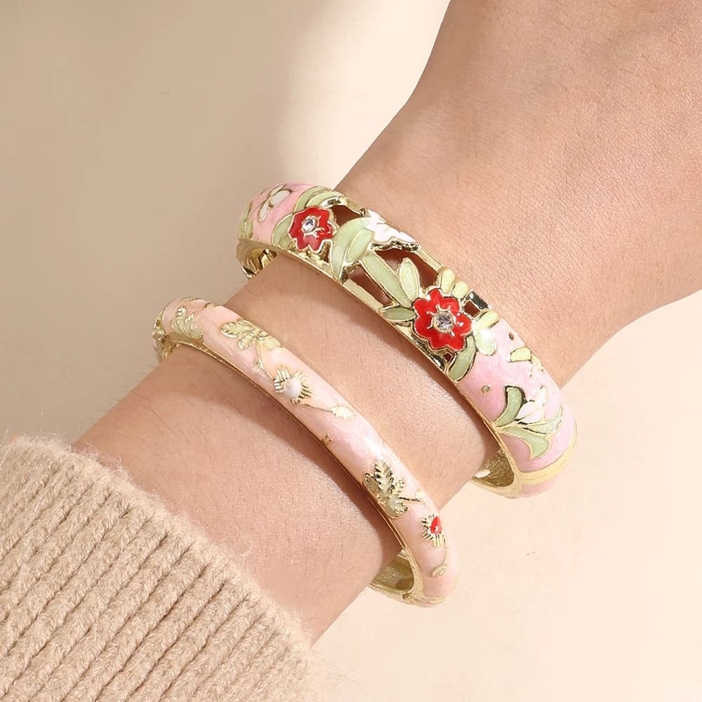 Jardme 2 pcs Chunky Enamel Bracelet For Women Ethnic Style Hollowed Flower Cloisonne Bangles Women's Jewelry Gifts