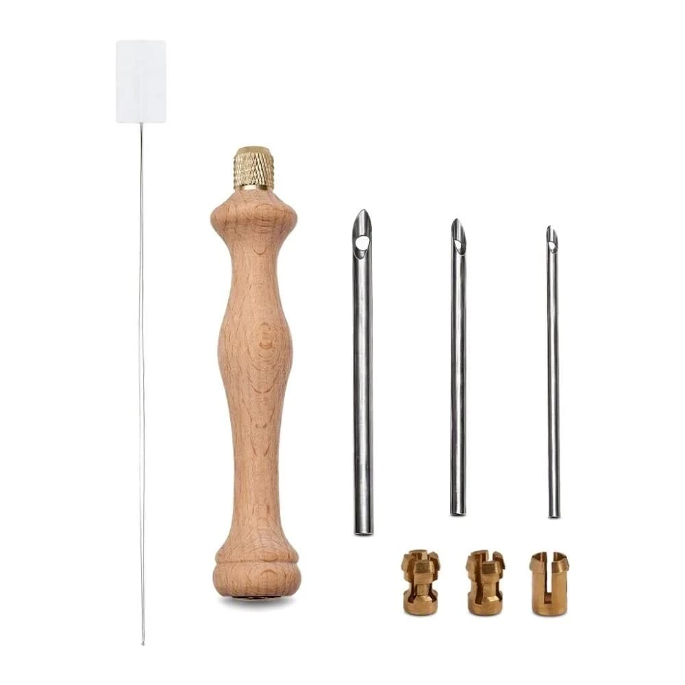 Solid Wood Handle Punch Needle Tool Adjustable 5mm Ergonomic Handle 5.31 Inch Rug Making Tool 3 Replaceable Heads