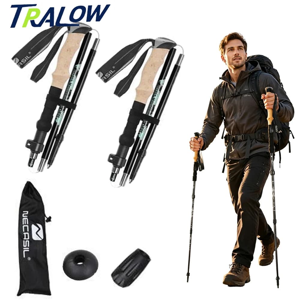 TRALOW 1 pc Foldable Aluminum Trekking Poles Lightweight Cork Grip Quick Lock Hiking Sticks for Walking Backpacking Climbing