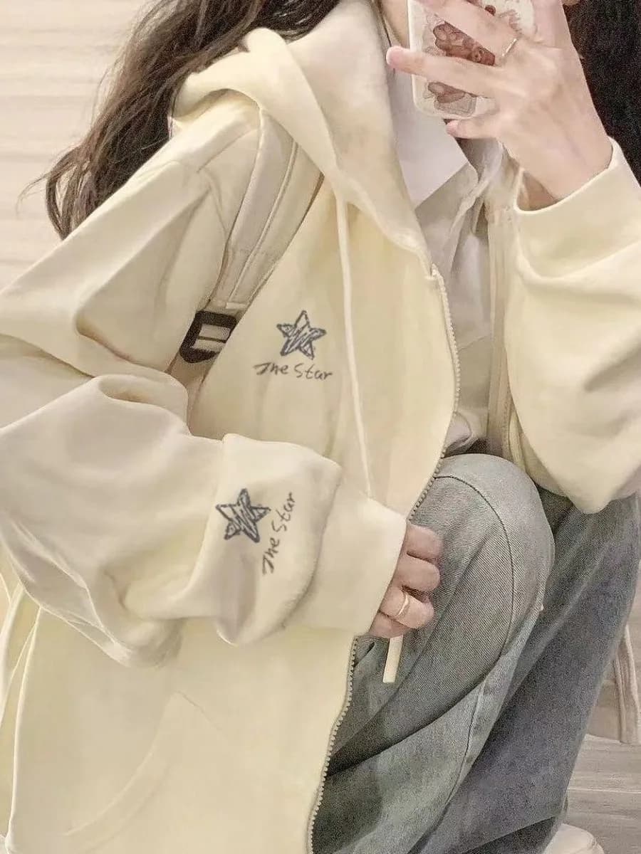 Korean Style Casual Loose Hoodie Women's Autumn Winter Fleece New Design Splicing Color Block Open Cardigan Jacket
