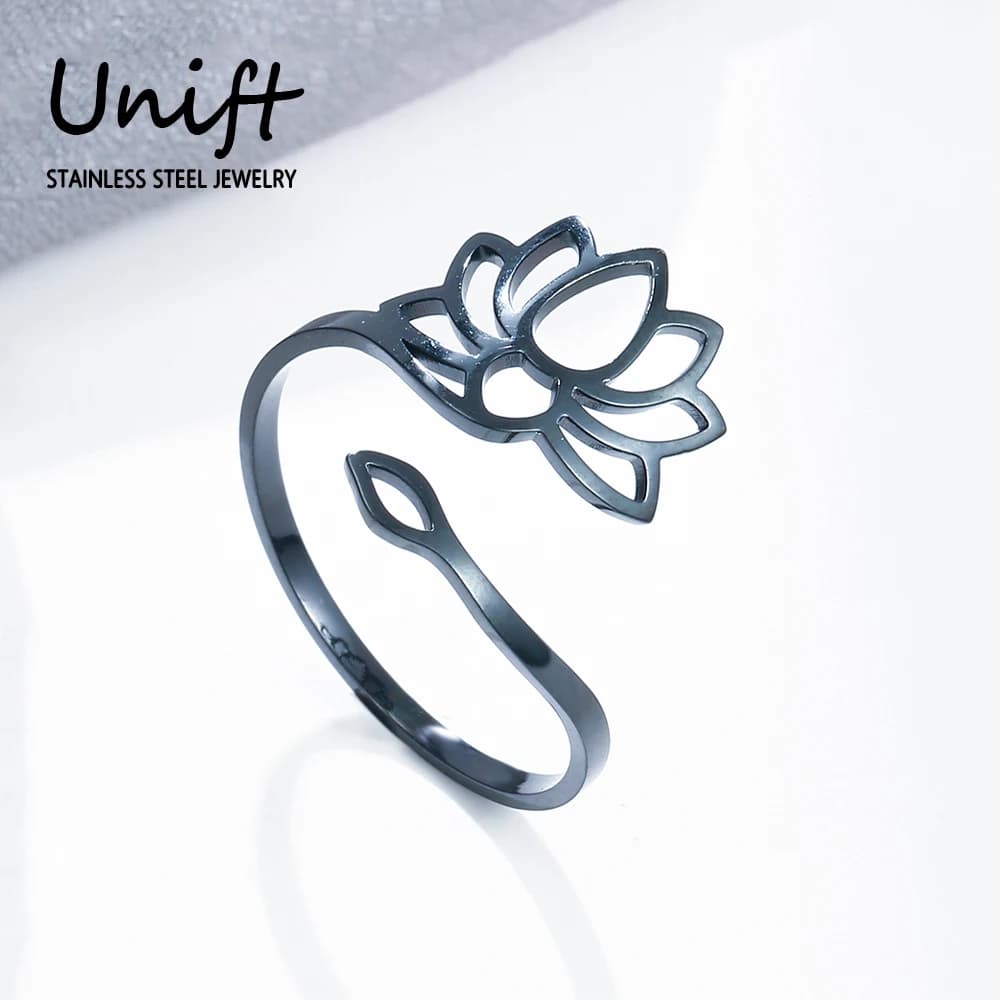 Unift Hindu Yoga Lotus Flower Ring Seed of Life Adjustable Stainless Steel Rings For Women Vintage Buddha Wholesale Jewelry