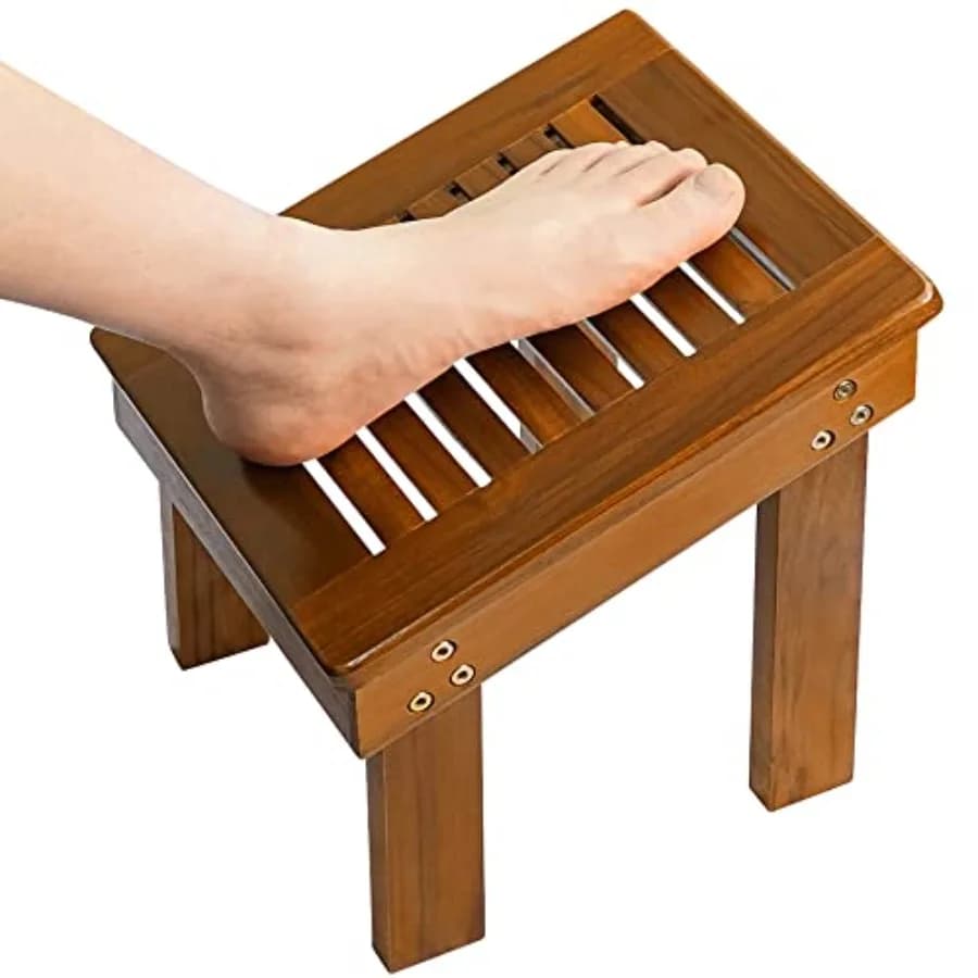 Sgabello in Legno di Teak per Doccia, Poggiapiedi Robusto per Rasatura Gambe, Pedana in Legno per Bagno