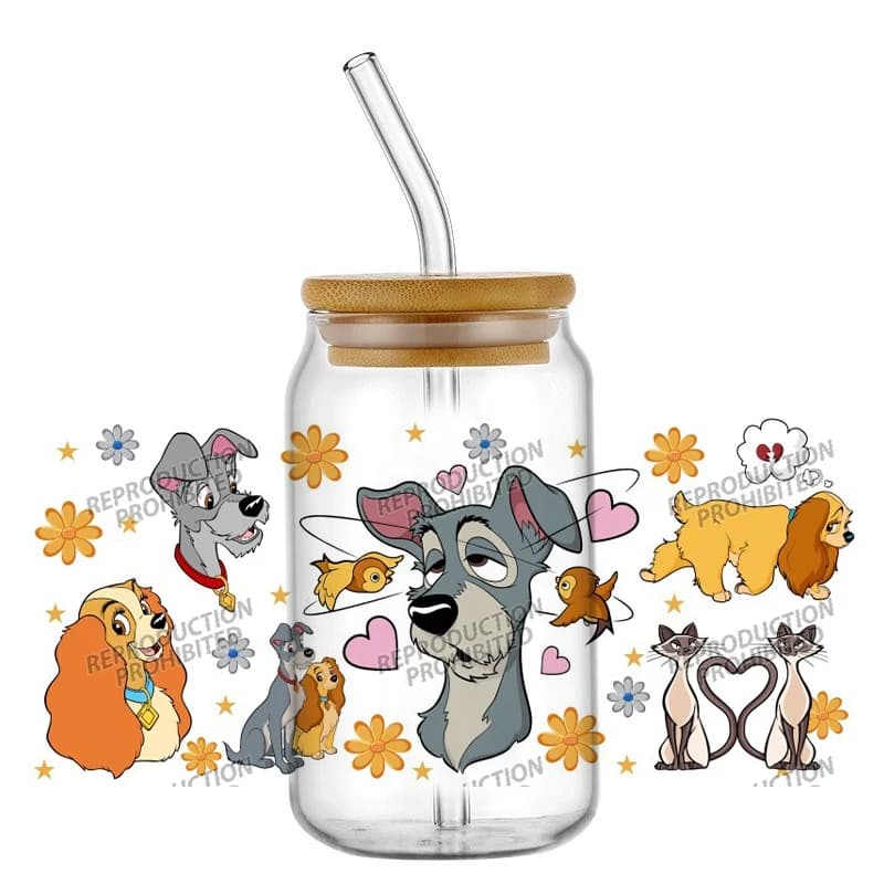 Adesivi per Telefono con Trasferimento UV DTF 3D da 16oz, Tema Famoso Cartone Animato Lady Tramp, per Bicchieri in Vetro, Creativi per Fai da Te