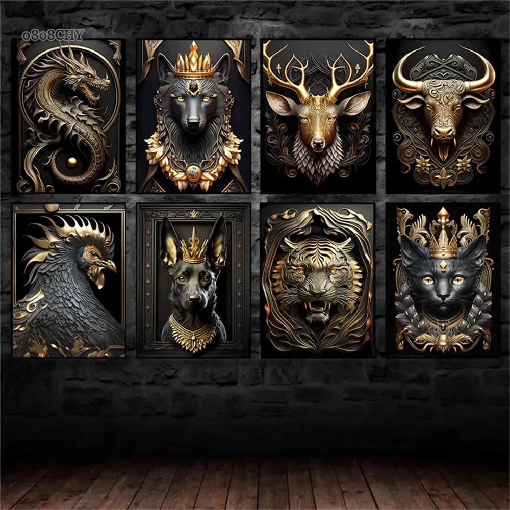Nero Oro Metallo Animale Wall Art Canvas Painting Re Leone Drago Tigre Cane Poster Stampe Immagini per Soggiorno Moderno Dec