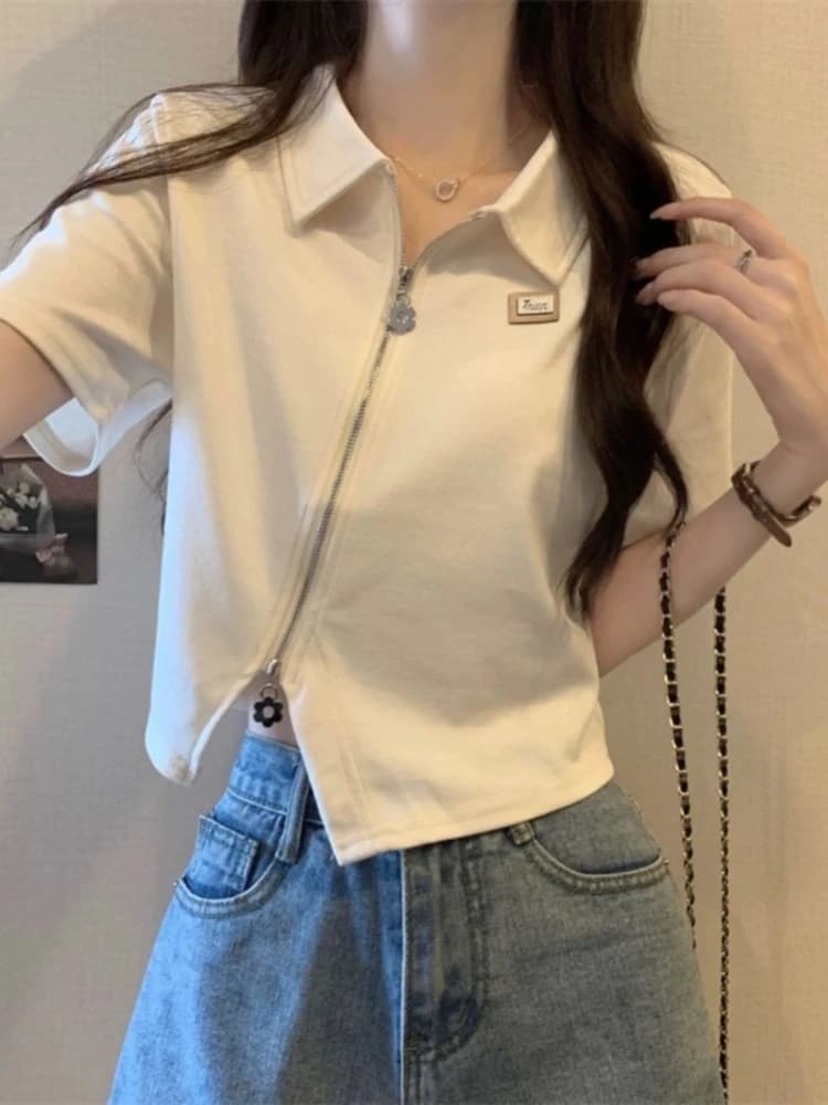 T-shirt/Blusa da donna verde menta stile Mambo con cerniera diagonale irregolare, colletto polo e maniche corte - Top dolce e piccante