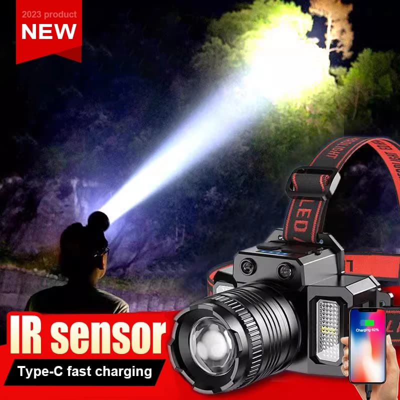 Lampada frontale a LED con sensore IR super luminoso 6 modalità Tipo-C Faro a ricarica rapida Torcia frontale ricaricabile Lanterna da pesca all'aperto