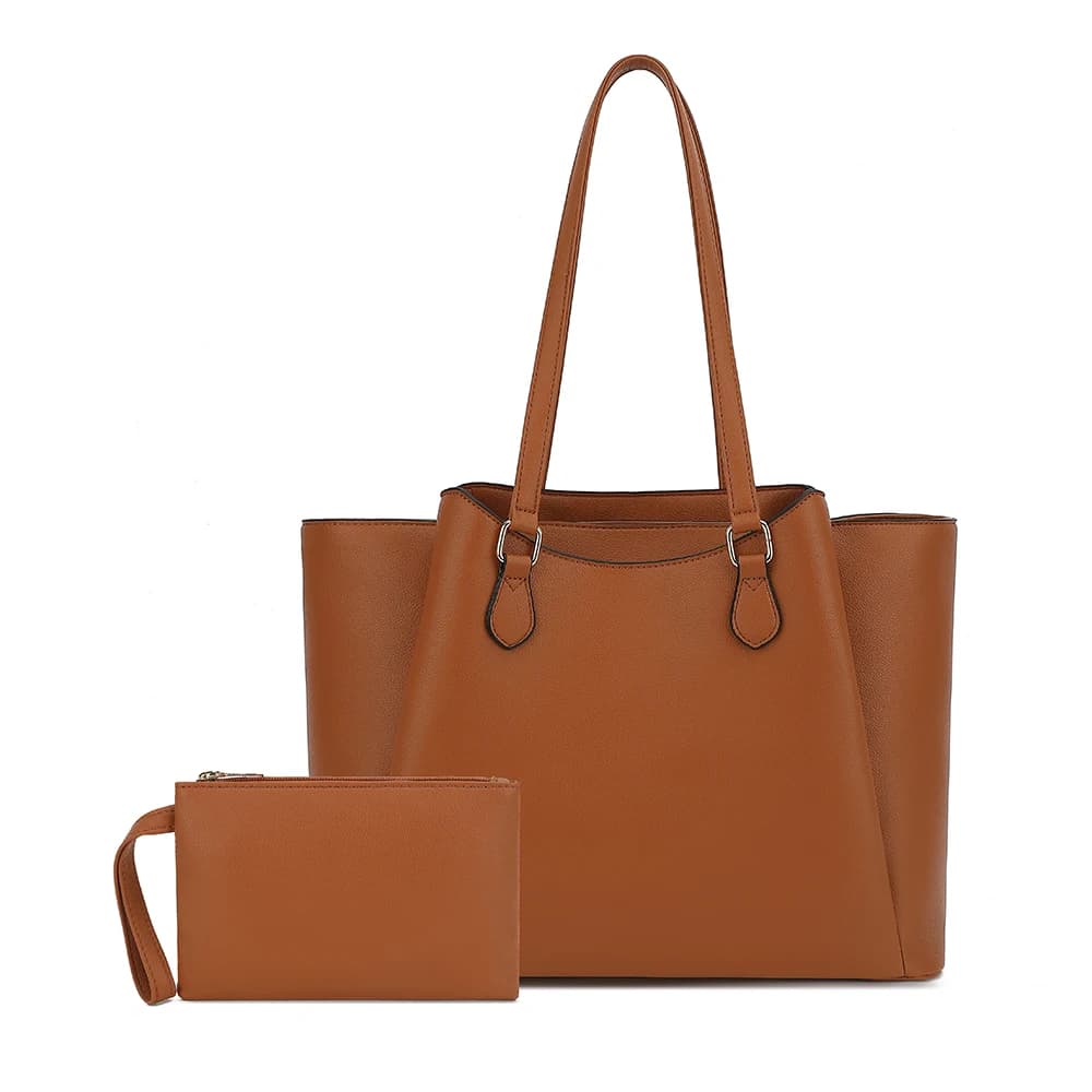 Tote Bag for Women, Large PU Leather Shoulder Handbag with Pouch, 13.5 Inch Laptop Work Travel Shopper Purse, Brown Office Use