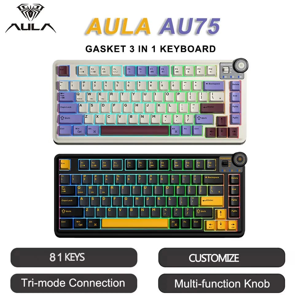 AULA AU75 Tastiera meccanica a tre modalità 81 tasti Tastiera da gioco RGB Esports sostituibile a caldo PBT Keycap PC Desktop Tastiera da digitazione