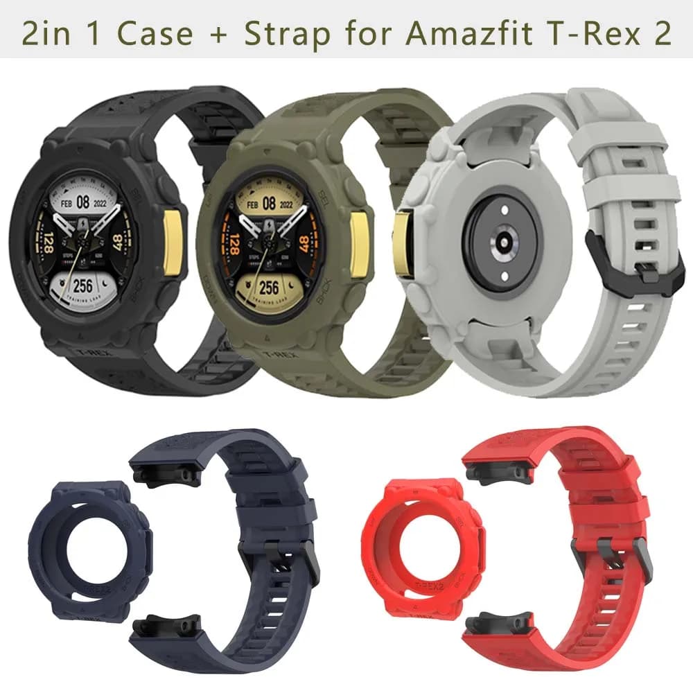 Silicone Strap&Case For Huami Amazfit T-Rex 2 Smart Watch Band + Protective Case Shell For Man or Women