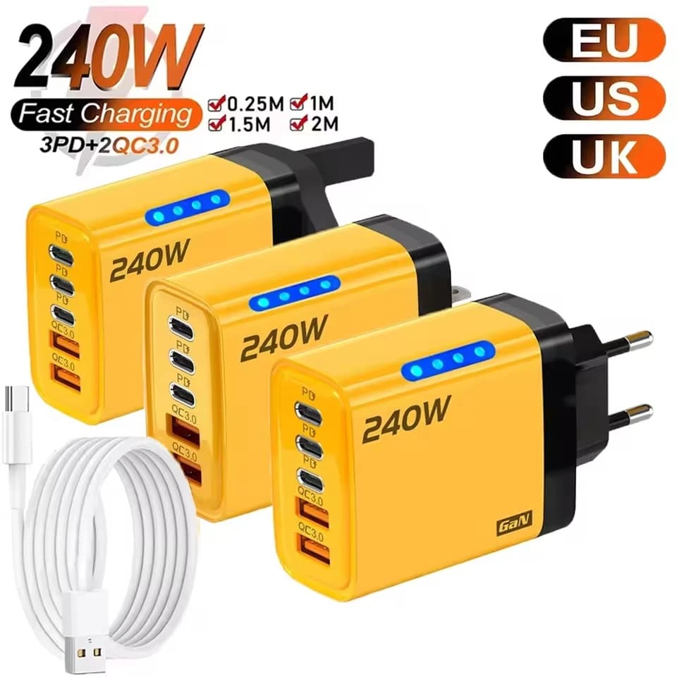 Caricabatterie rapido GaN 240W 5 porte PD Quick Charge 3.0 2USB 3Type C per iPhone 15 16 17 Samsung Xiaomi Huawei Tablet Spina UE USA UK