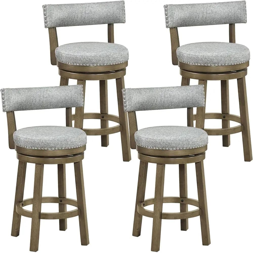 Set di 4, 27 Sgabelli da Bar Girevoli con Schienale e Seduta Imbottiti, Gambe in Legno di Gomma, Poggiapiedi, Grigio, Altezza Bancone