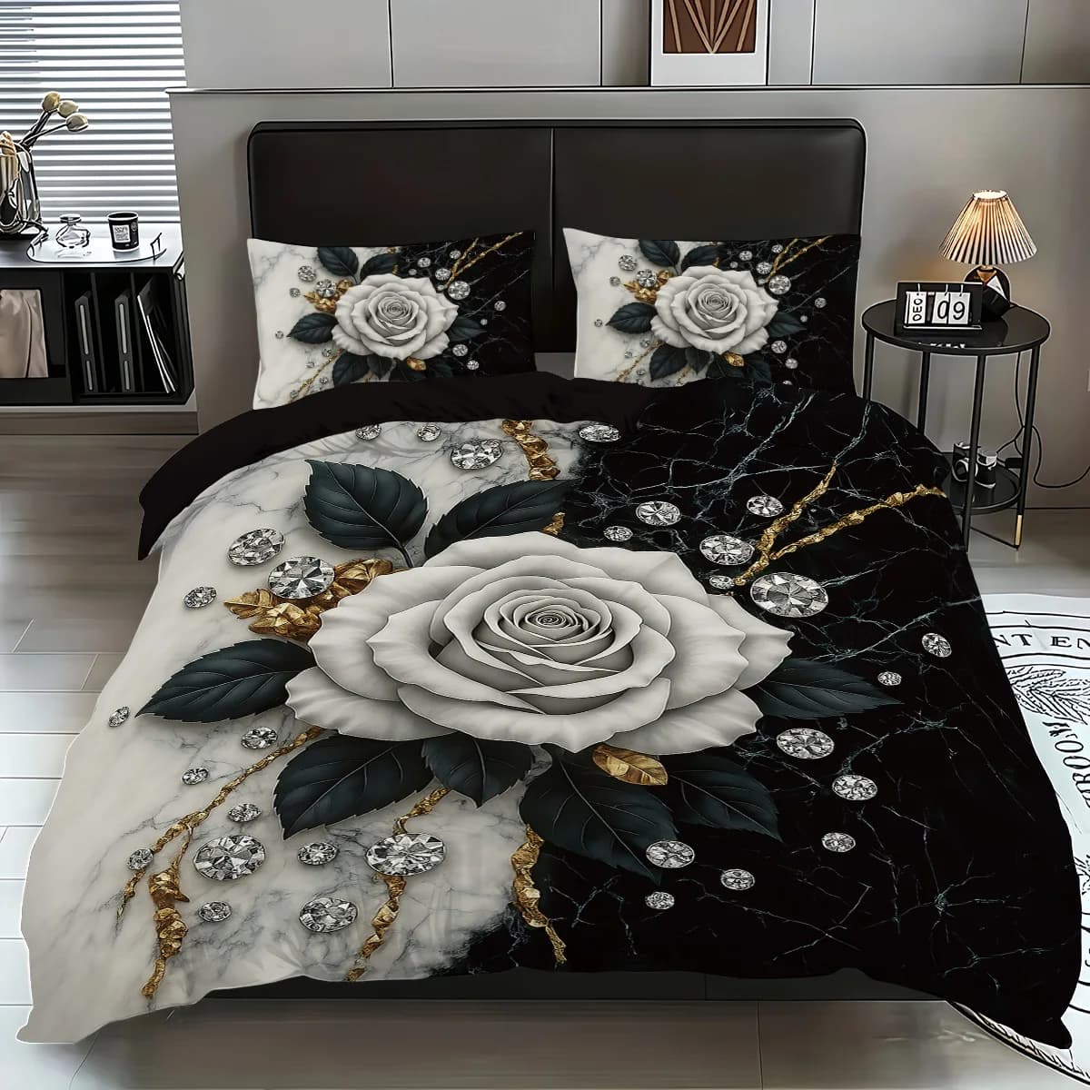 Bed linen set 3 pieces with pink pattern, per bedroom of women and adults, 1 * duvet + 2 * pillowcase, per single bed, queen