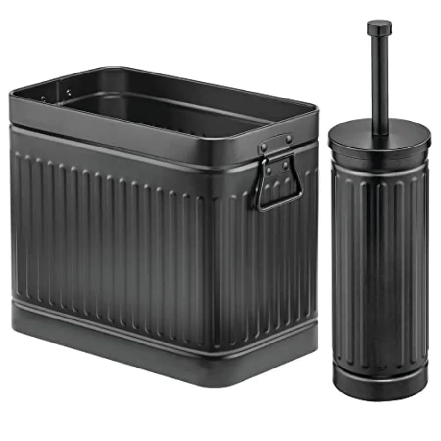 Set Combinato in Metallo per Bagno: Scopino per WC Compatto e Cestino Rettangolare per Rifiuti/Riciclo, per Pulizia e Conservazione, con Porta Fazzoletti