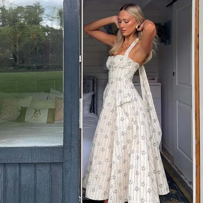 YENKYE Elegante Halter A-line Midi Lungo Stampa floreale Abito Donna Cotone Vacanza Estate Sexy Backless Abiti Party Robe 2025