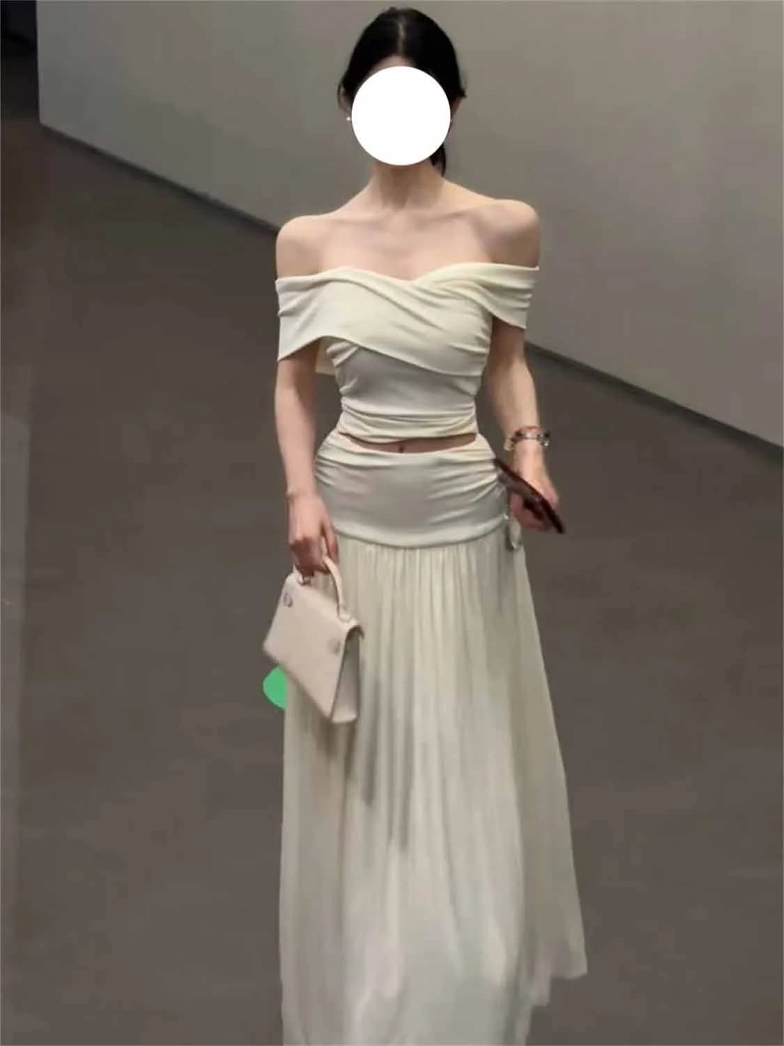 Elegant White Summer Outfit One-Shoulder Top Long Skirt Half-length Skirt Fashionable V-neck Sleeveless Long Pants Ensemble