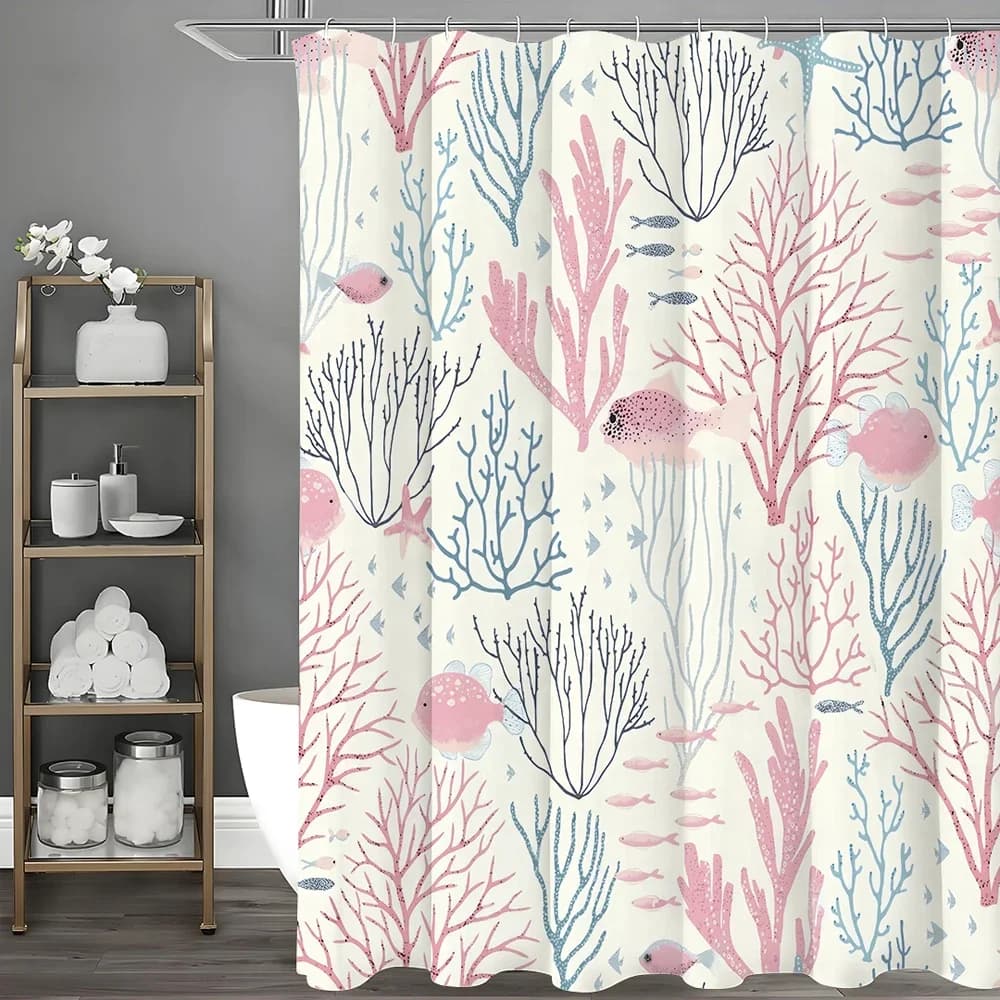 Tenda da doccia blu rosa corallo piccoli pesci, tenda da doccia decorativa per bagno, tenda da doccia impermeabile con ganci