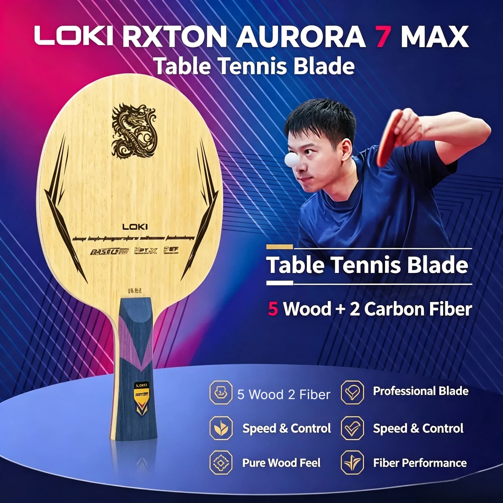 LOKI RXTON Aurora 7 Max Basalt Carbon Table Tennis Blade 5 Wood 2 Carbon Ping Pong Paddle Offensive Table Tennis Racket with Box