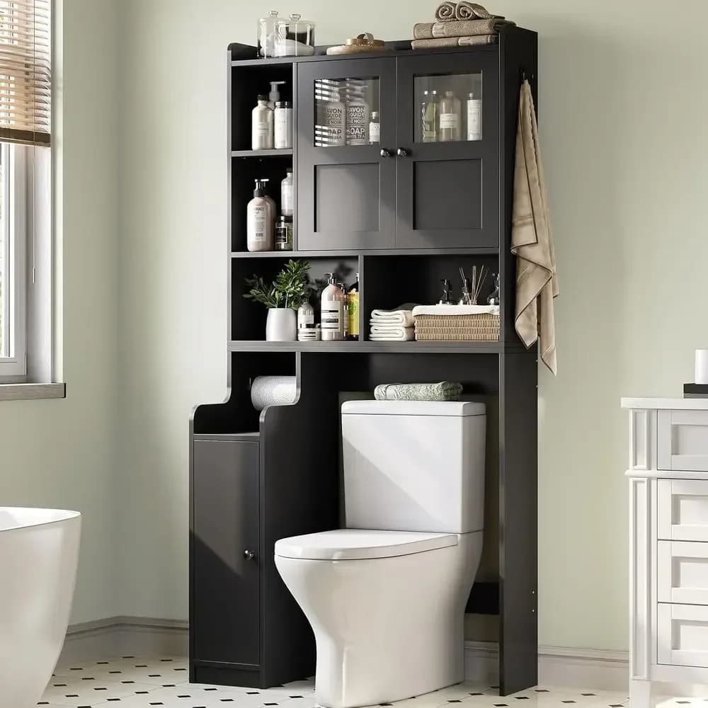 Space-Saving Toilet Storage Cabinet with Glass Door and Toilet Paper Holder for Bathroom, Restroom, and Laundry (Black)