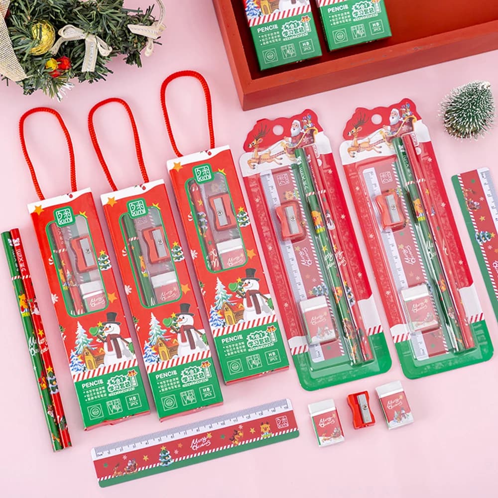 5pcs/set Cartoon Christmas Stationery Set Pencil Drawing Sketch Pens Student Christmas Gift Prize Gift Portable Stationery