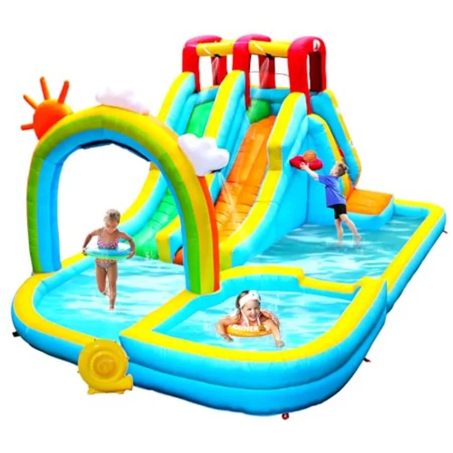 Inflatable Water Double Slides Park for Outdoor Use, PVC Material, Blue and Rainbow Color, Includes Blower, Bouncy Castle, Wate