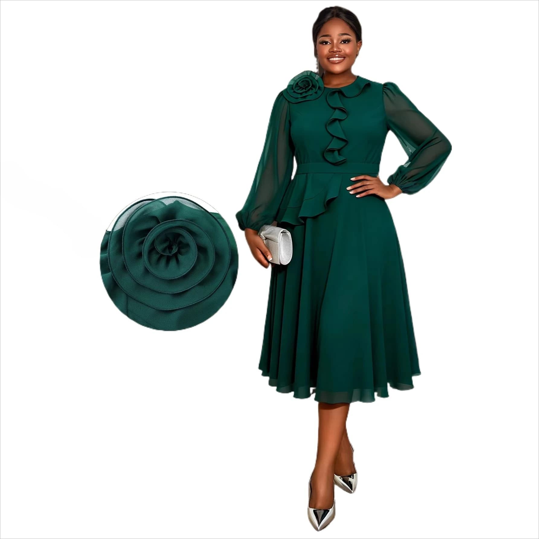 Elegante Abito da Sera Formale Verde con Fiori Tridimensionali, Maniche Lunghe e Bordo con Volant Frontale