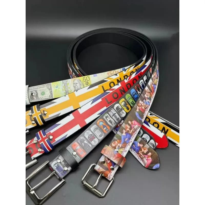 Graffiti Printed London Flag Money Pattern Pu Belt Pin Buckle Streetwear Vintage Waist Belt Art Print Denim Accessory Belt